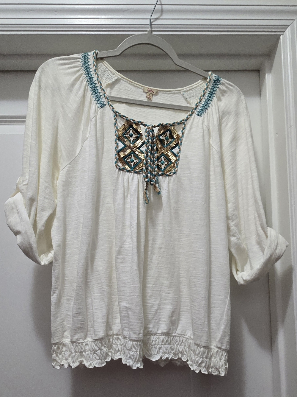 Reba Cream Boho Tunic with Teal Embroidery And Gold Sequin Size L